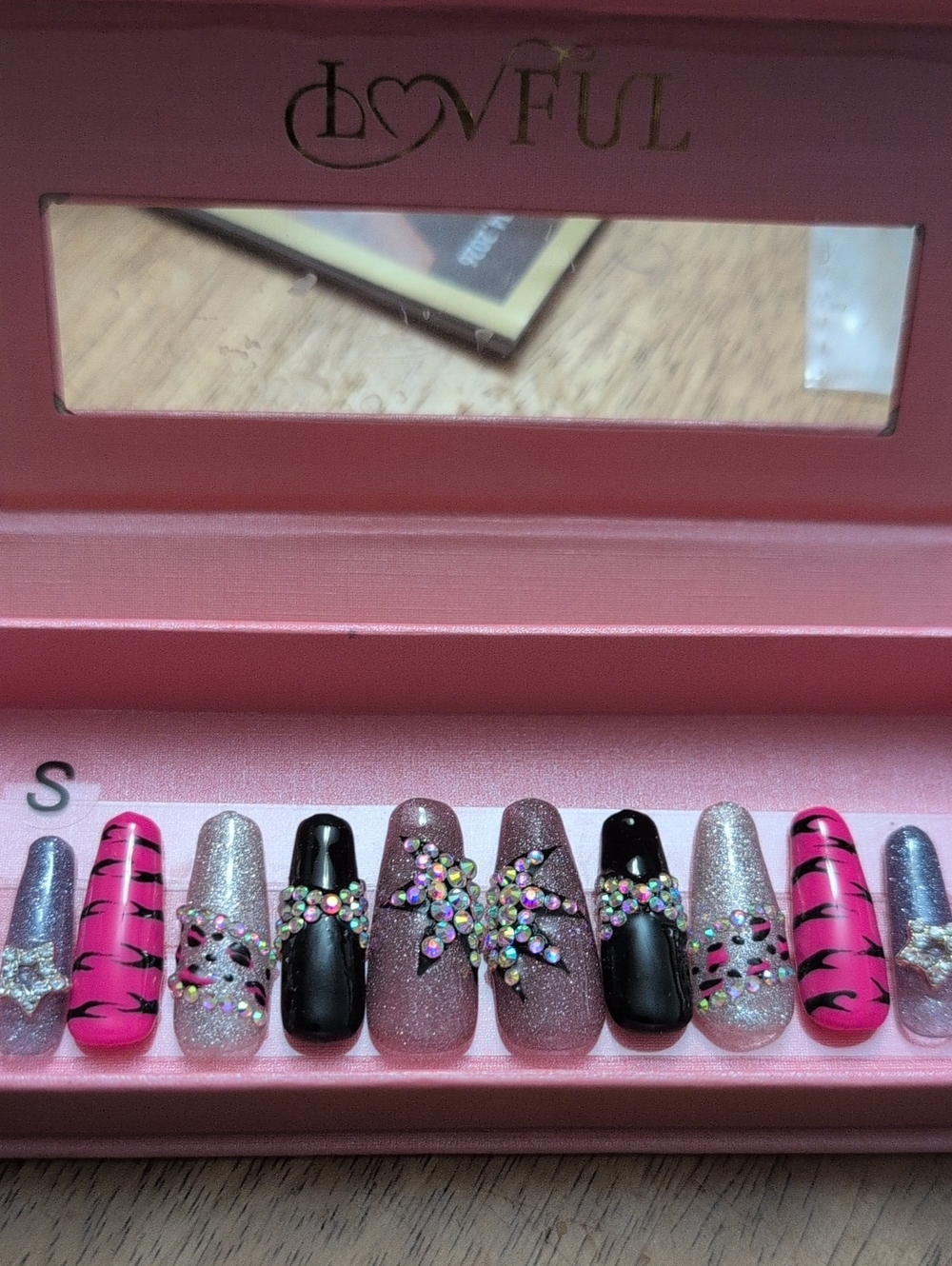 Pink, Black & Silver Crystal Press-On Nails